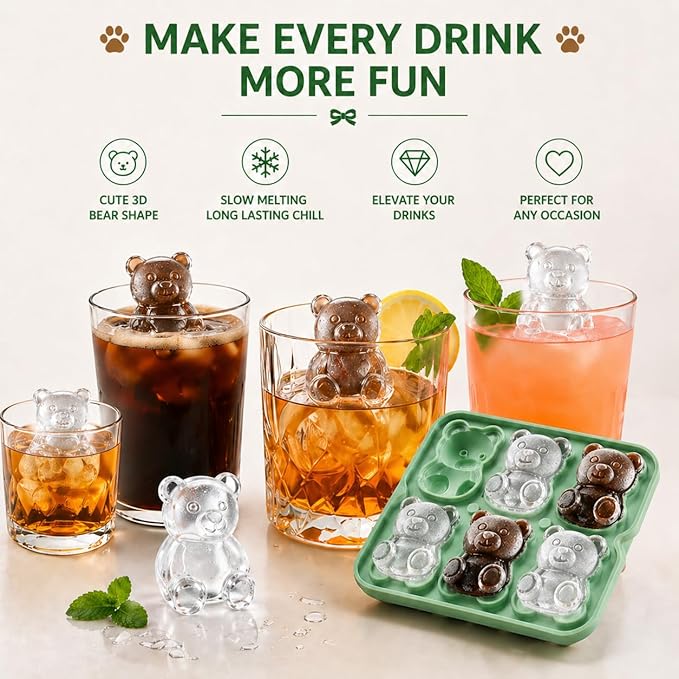 Bear Ice Cube Tray Mold - 3D Bear Shape Ice Cube Trays, Cute Ice Cube Molds for Whiskey Bourbon, 4-Hole Large Fun Shapes Ice Cube Trays, Funny Gifts for Animals Lovers Women Men