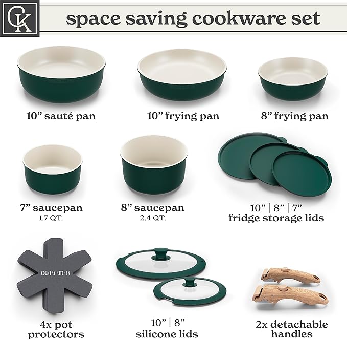 Country Kitchen Cookware Set with Removable Handle, Oven & RV Safe Pots and Pans Set, Sage Wood Handle, Original - Image 3