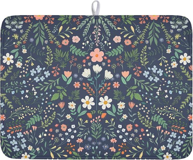 Floral Dish Drying Mat for Kitchen Counter Rustic Flower Leaves Print Microfiber Dish Drainer Mat Farmhouse Floral Absorbent Washable Drying Pad Extra Large 18"x24"