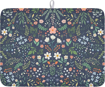 Floral Dish Drying Mat for Kitchen Counter Rustic Flower Leaves Print Microfiber Dish Drainer Mat Farmhouse Floral Absorbent Washable Drying Pad Extra Large 18"x24"