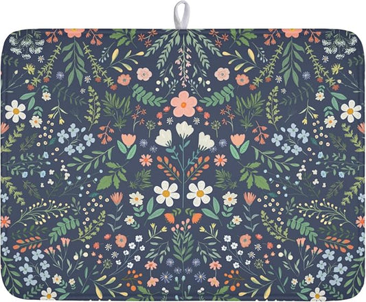 Floral Dish Drying Mat for Kitchen Counter Rustic Flower Leaves Print Microfiber Dish Drainer Mat Farmhouse Floral Absorbent Washable Drying Pad Extra Large 18"x24"