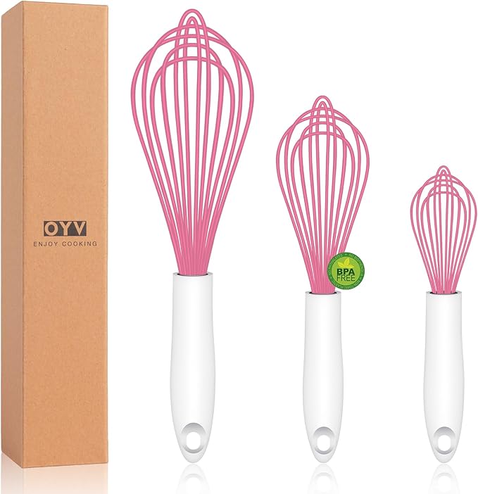 OYV Pink Silicone Whisk, Sealed Waterproof Design Set of 3, Professional Kitchen Whisks for Cooking Non-Scratch, Silicone&Stainless Steel Whisk, Heat Resistant 480°F Rubber wisk, BPA free by OYV
