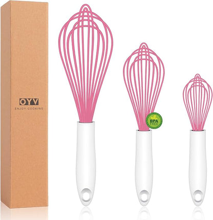 OYV Pink Silicone Whisk, Sealed Waterproof Design Set of 3, Professional Kitchen Whisks for Cooking Non-Scratch, Silicone&Stainless Steel Whisk, Heat Resistant 480°F Rubber wisk, BPA free by OYV