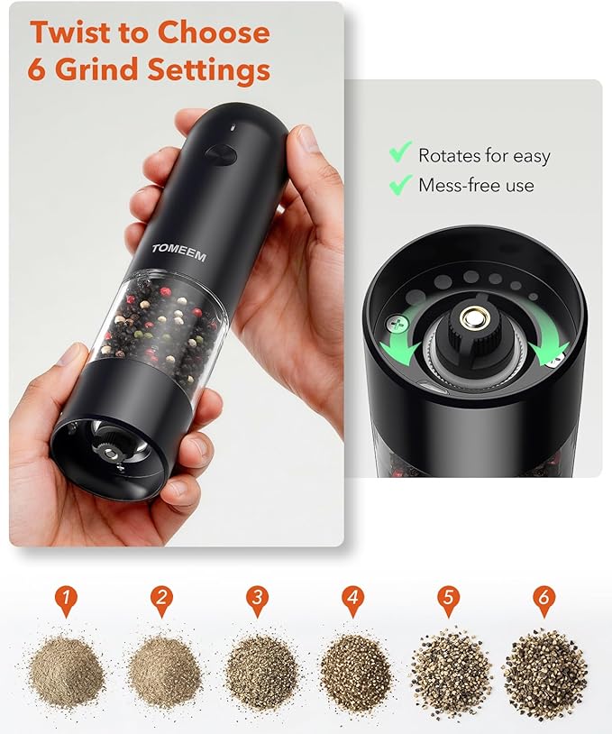 TOMEEM Electric Salt and Pepper Grinder Set with LED Lights，Rechargeable Automatic Pepper and Salt Mill with 6 Adjustable Coarseness, Dust Cover, One-Button Control for Cooking, Home Gifts