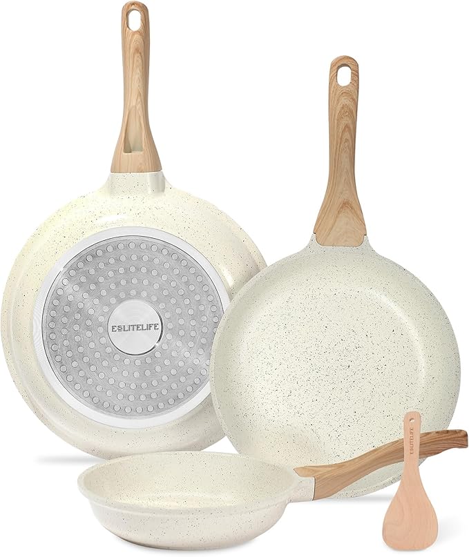 ESLITE LIFE Nonstick Ceramic Frying Pans Skillets Set, Non-Toxic Egg Omelette Kitchen Cooking Pans Compatible with All Stovetops (Gas, Electric & Induction), PTFE & PFOA Free (White) by ESLITELIFE