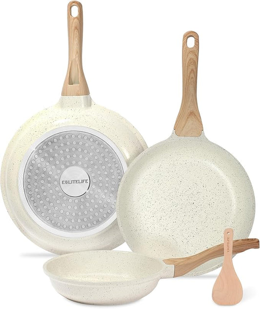 ESLITE LIFE Nonstick Ceramic Frying Pans Skillets Set, Non-Toxic Egg Omelette Kitchen Cooking Pans Compatible with All Stovetops (Gas, Electric & Induction), PTFE & PFOA Free (White) by ESLITELIFE