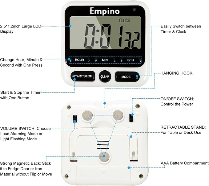 Digital Kitchen Timer - Empino Upgraded 24-Hours Cooking Timer Clock Countdown Multifunction with Big Digits, Loud Alarm, Magnetic Backing Stand, and Memory for Cooking Baking Exercise, White