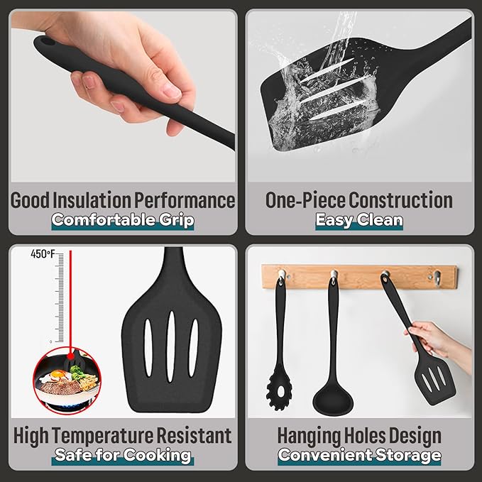E-far Silicone Cooking Utensils Set, 7-Piece Black Heat Resistant Kitchen Utensils Set, Kitchen Nonstick Tools Spatula Ladle Spoon Pasta Server for Non-stick Cookware, Non-Toxic & Dishwasher safe - Image 3