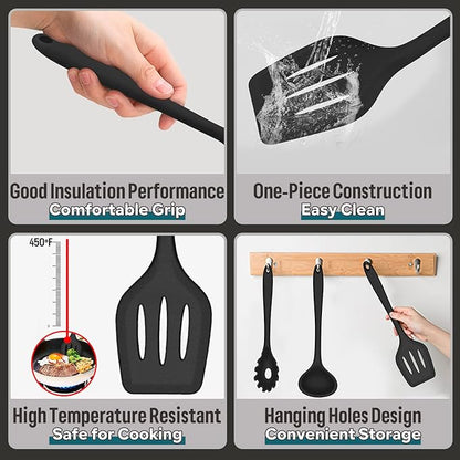 E-far Silicone Cooking Utensils Set, 7-Piece Black Heat Resistant Kitchen Utensils Set, Kitchen Nonstick Tools Spatula Ladle Spoon Pasta Server for Non-stick Cookware, Non-Toxic & Dishwasher safe - Image 3
