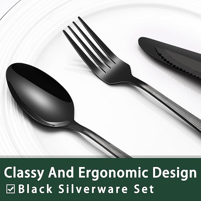 EWFEN 24-Piece Black Silverware Set with Steak Knives, Black Flatware Set for 4, Food-Grade Stainless Steel Tableware Cutlery Set, Mirror Finished Utensil Sets for Home Restaurant, Roman Column - Image 3