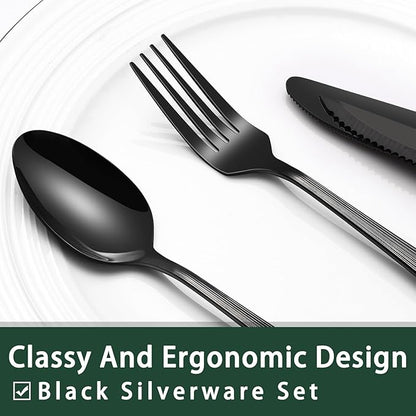 EWFEN 24-Piece Black Silverware Set with Steak Knives, Black Flatware Set for 4, Food-Grade Stainless Steel Tableware Cutlery Set, Mirror Finished Utensil Sets for Home Restaurant, Roman Column - Image 3