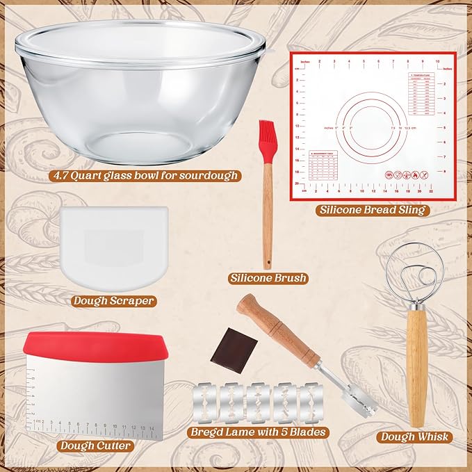 7 Pcs Large Glass Bowl for Sourdough Bread starter 4.7 Quart Glass Mixing Bowl for Sourdough Bread with Lid Sour Dough Breads Baking Supplies Clear Proofing Bowls Include Sour Dough Making Tools