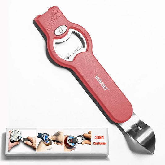 Upgraded 3-in-1 Magnetic Bottle and Can Opener for Refrigerator, Stainless Steel Manual Can Punch Opener for Liquid with Cap Catcher, Stick to Fridge, Can Tapper Church Key with Strong Magnet, Red