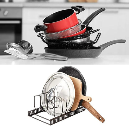 Toplife Pot Lids Organizer Rack for Cabinet and Countertop, 7+ Pan Lids and Bakeware Organizer Rack Holder with 7 Adjustable Compartments - Brown - Image 3