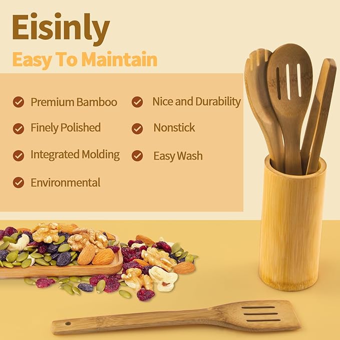 Eisinly Wooden Spoons for Cooking 7-Piece, Kitchen Nonstick Bamboo Cooking Utensils Set, Carbonized Bamboo Durability Spatula Spoon for Everyday Use - Image 4