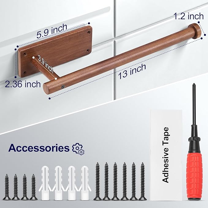 Wooden Paper Towel Holder for Kitchen,Adhesive Acacia Wood Paper Towel Holders Under Cabinet, Wall Mount Kitchen Paper Storage Essentials,Suitable for Kitchen,Bathroom Paper Storage