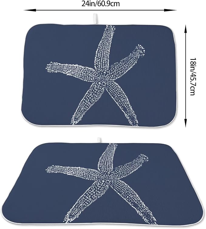 Coastal Beach Dish Drying Mat 18 x 24 inch, Summer Navy Blue Starfish Decorative Drying Mats Microfiber Absorbent Dish Washable Draining Mat for Kitchen Counter Decor