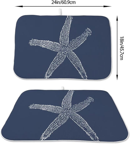 Coastal Beach Dish Drying Mat 18 x 24 inch, Summer Navy Blue Starfish Decorative Drying Mats Microfiber Absorbent Dish Washable Draining Mat for Kitchen Counter Decor