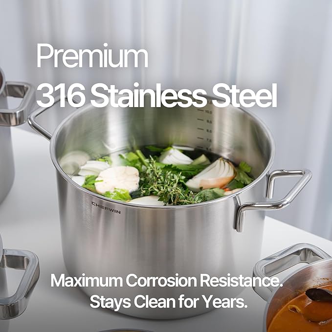 316 Stainless Steel 12.7 Quart Heavy Duty Stock Pot with Lid Deep Cooking Pot, 5Ply, Induction Cookware, Dishwasher Safe