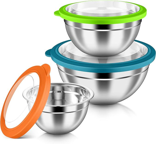 HaWare Mixing Bowls with Airtight Clear Lids, 6-Piece Stainless Steel Strong Nesting Bowls Set, Metal Salad Bowl for Cooking, Prepping, Baking, Serving & Food Storage, Size 4.6, 3, 1.5QT, Colorful by HaWare