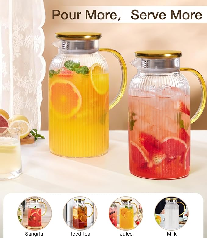 2 PACK Glass Pitcher with Lid 64 oz, Classic Vertical Stripes Pitcher with Lid and Handle, Water Jug for Hot/Cold Drinks, Borosilicate Glass Carafe for Coffee, Iced Sun Tea, Juice, Sangria - Image 5