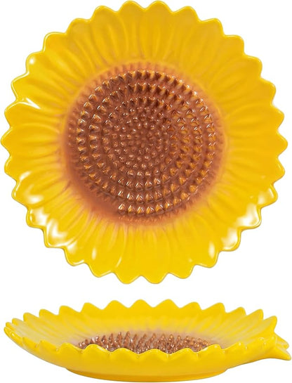 Sunflower-Shaped 2pcs Ceramic Grater Plate & Spoon Rest for Stove Top, 2-in-1 Ginger Garlic Grater with Spoon Holder, Multifunctional Kitchen Utensil Rest & Grater Dish, Farmhouse Kitchen Decor