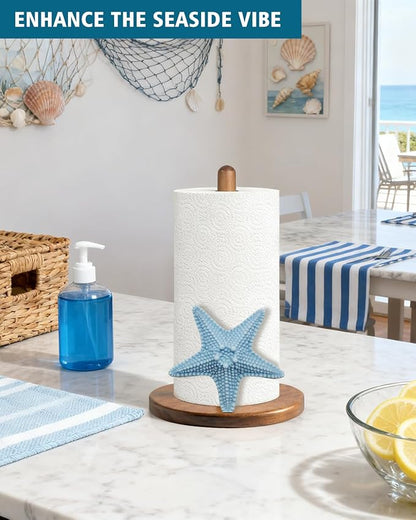 Starfish Paper Towel Holder, Coastal Beach Ocean Decor for Kitchen Bathroom Countertop, Freestanding Wooden Stand, Standard & Jumbo Rolls, Gift for Women