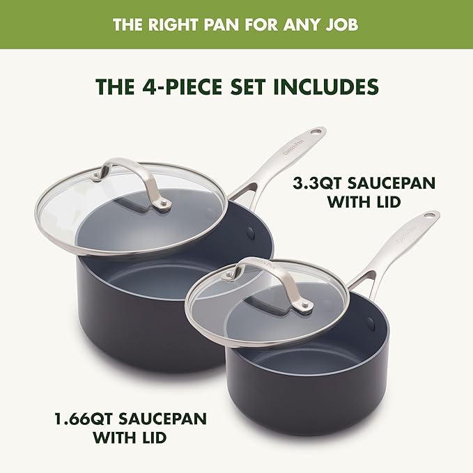 GreenPan Valencia Pro Ceramic Nonstick 1.66QT & 3.3QT Saucepan Pots with Lids Set, Hard Anodized PFAS-Free Cookware, Induction Ready & All Cooktops, Soup & Sauce, Dishwasher & Oven Safe to 600F, Gray - Image 4
