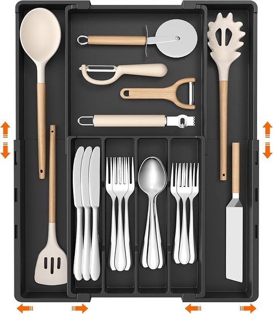 Lifewit Silverware Drawer Organizer, Expandable Utensil Tray for Kitchen, BPA Free Flatware and Cutlery Holder, Adjustable Plastic Storage for Spoons Forks Knives, 4-7 Slots, Black