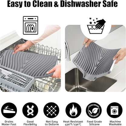 TIKNIK Silicone Dish Drying Mat, Stone Drying Mat for Kitchen Counter with Built-In Drain, Non-Slip Drain Pad with Built-in Drain, Heat Resistant Stone Drying Mat, 1Pcs 20" x 15", Grey - Image 4