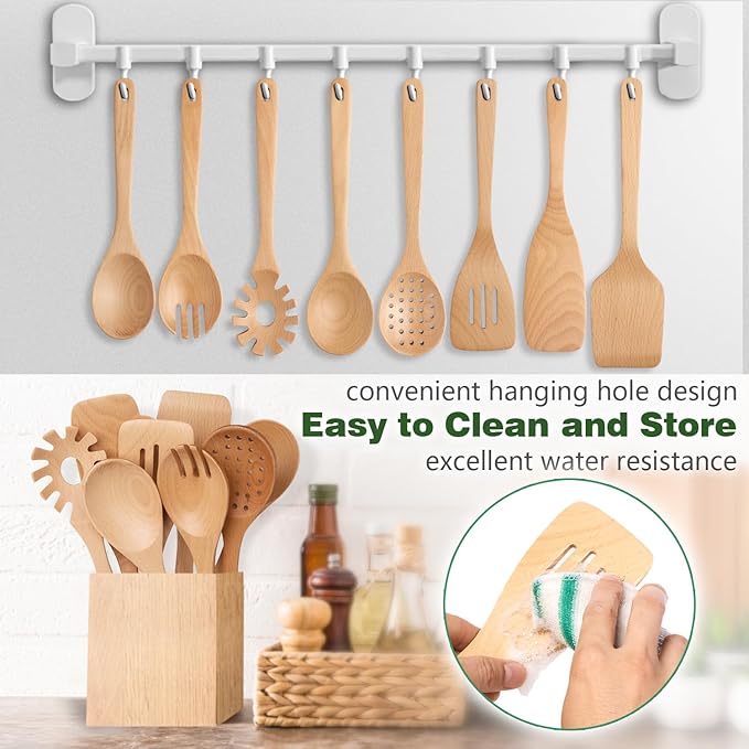HOWHONG Wooden Spoons for Cooking, Beech Wood Kitchen Utensil Set, Premium Handmade Wooden Cooking Utensils for Nonstick Cookware, Heat Resistant, Smooth Finish, Comfortable Grip, 8 Piece - Image 3