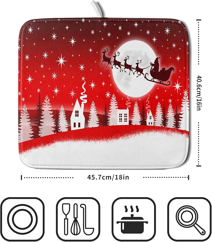 Christmas Reindeer Moon Star Red Dish Drying Mat for Kitchen Counter,White Xmas Tree Castle Drying Mat 16 x 18 Inch with Absorbent Reversible Microfiber Dish Drying Pad for Coffee Bar - Image 2