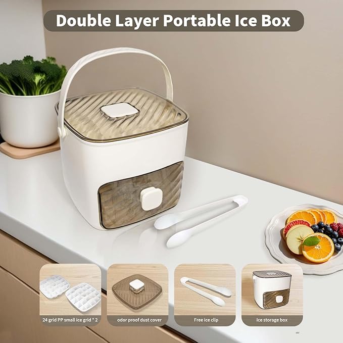 Ice Cube Tray for freezer with 2 Trays and Ice Storage Bin Tweezers, 48 Grid Ice Making Mold Ice Maker with Easy to Press Lid, for Whiskey Cocktails Beer Coffee (White)