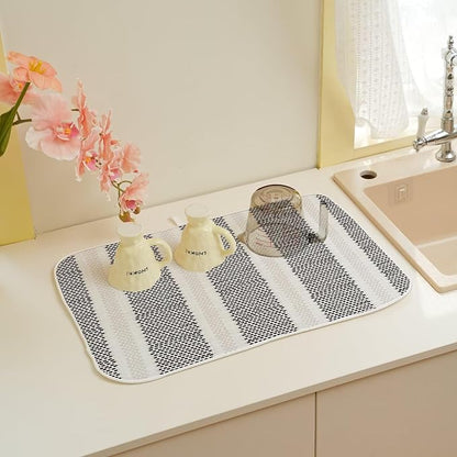 Boho Black Dish Drying Mat 18 x 24 inch Modern Geometry Polka Dot Striped Decorative Drying Mats Microfiber Absorbent Dish Washable Draining Mat for Kitchen Counter Decor
