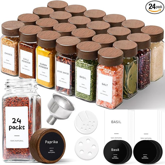ComSaf 24Pcs (4Oz) Glass Spice Jars with Label, Airtight Seasoning Containers with Lid for Home Cooks to Organizing Herbs, Sugar, Pepper, Salt, Glass Spice Bottles Organize Cabinet & Drawer by ComSaf