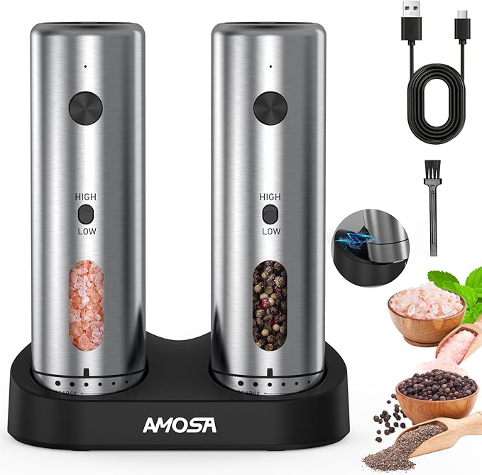Electric Salt and Pepper Grinder Set, Upgraded 2-Speed Setting, External 6 Adjustable Coarseness, USB C Dual Rechargeable Base, All Stainless Steel Automatic Salt & Pepper Mill Shakers with LED Light by AMOSA