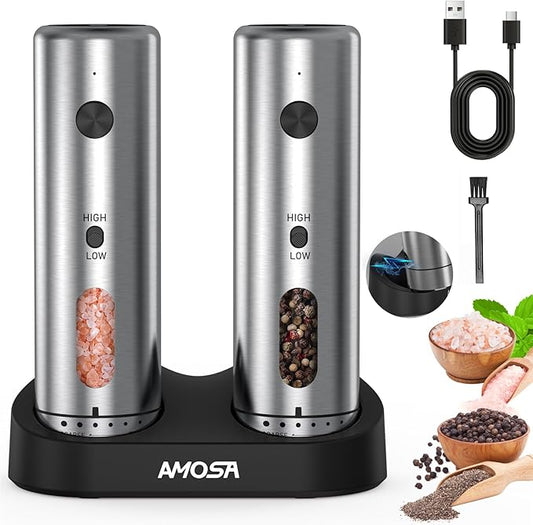 Electric Salt and Pepper Grinder Set, Upgraded 2-Speed Setting, External 6 Adjustable Coarseness, USB C Dual Rechargeable Base, All Stainless Steel Automatic Salt & Pepper Mill Shakers with LED Light by AMOSA