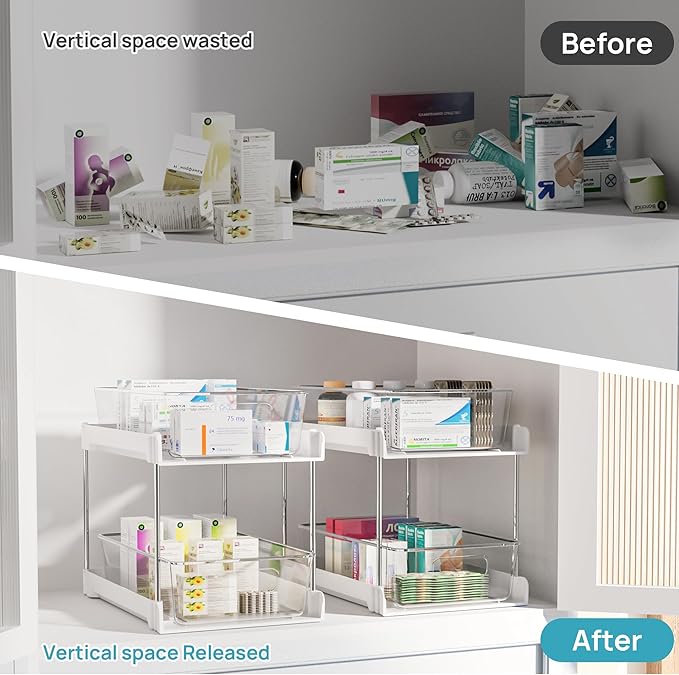 Vtopmart 4 Pack Bathroom Organizer, 2 Tier White Under Sink Organizers Vanity Countertop Storage Container,Cabinet Drawers Bins, Pull-Out Organization with Track for Pantry, Kitchen - Image 5