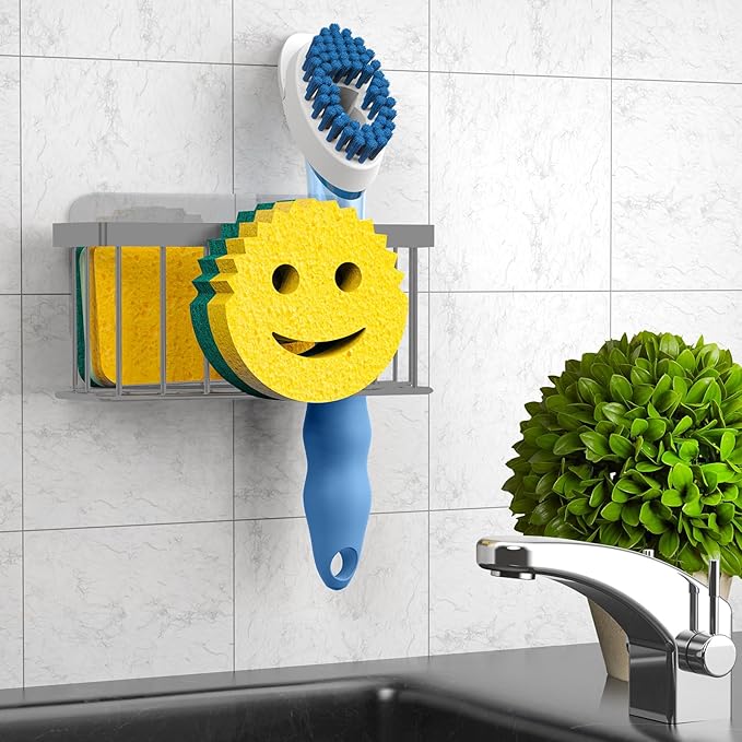 MURLONG Sponge Holder Smiley Face,Sink Caddy for Kitchen Sink,Sponge Holder with 2 PCS Suction Cups/1 PCS Adhesive Strips,Designed for Sponge,Soap,Dish Brush,Scrubber-Charcoal Gray - Image 6