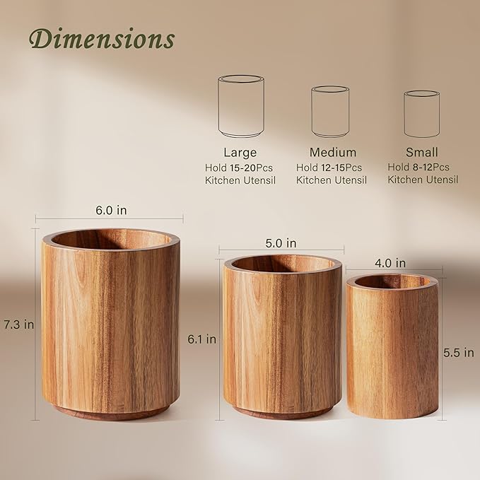 Criusia Utensil Holder 3 Pack, 360° Rotating Acacia Wood Cooking Utensil Crocks for Kitchen Counter, Farmhouse & Modern Decor, (1 Large, 1Medium, 1 Small) - Image 2