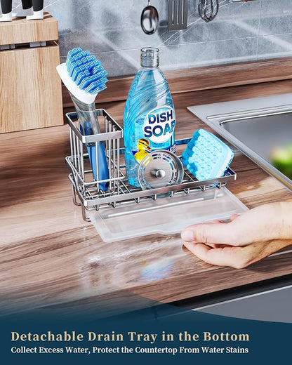 Consumest Sink Caddy, Kitchen Sponge Holder with Dish Brush Holder, Kitchen Organizer with Drip Tray for Countertop, Stainless Steel Rustproof - Silver - Image 4