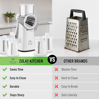 Zulay Kitchen Rotary Cheese Grater 5 Blade Cheese Shredder - Manual Hand Crank Cheese Grater With Reinforced Suction & 5 Interchangeable Drums - Easy to Use, Vegetable Chopper Round Mandoline Slicer - Image 2