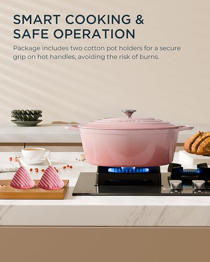 Enameled Cast Iron Dutch Oven - 9.3QT Dutch Oven Pot with Lid & Cotton Potholders - Heavy-Duty Non Stick Casserole Pot for Braising, Stews, Roasting, Baking, Suitable for All Stovetops, Gentle Pink - Image 8