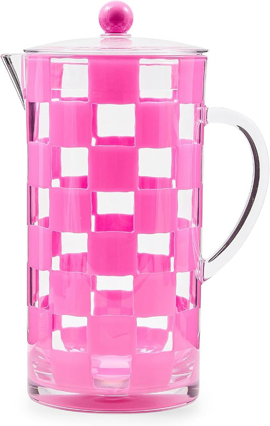 MACKENZIE-CHILDS Acrylic Pitcher with Spout for Water, Lemonade, and Farmhouse Home Decor, 2.5 Quarts, Pink Check by MacKenzie-Childs