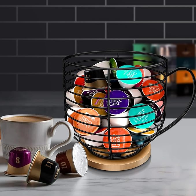 BYTEAIDREX Coffee Pod Holders for Counter - K Cup Holders for Counter - Coffee Pods Storage Organizer - Bar Accessories - Large Capacity Black Wire Kup Storage with Wooden Base. - Image 2