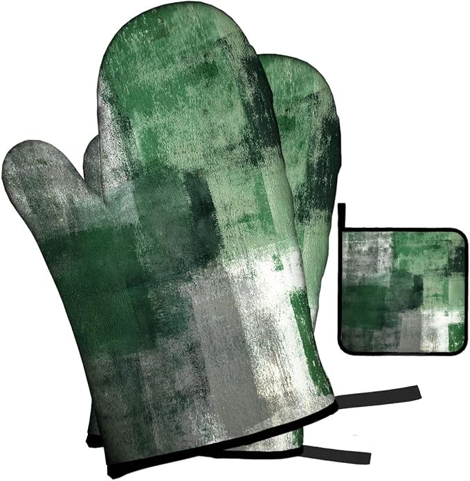 LOKMU Oven Mitts and Pot Holders Set of 3, Emerald Green and Grey White Abstract Art Heat Resistant Kitchen Gloves Hot Pads for Cooking Baking BBQ, Kitchen Decor Gifts for Cooking Lover Cooks