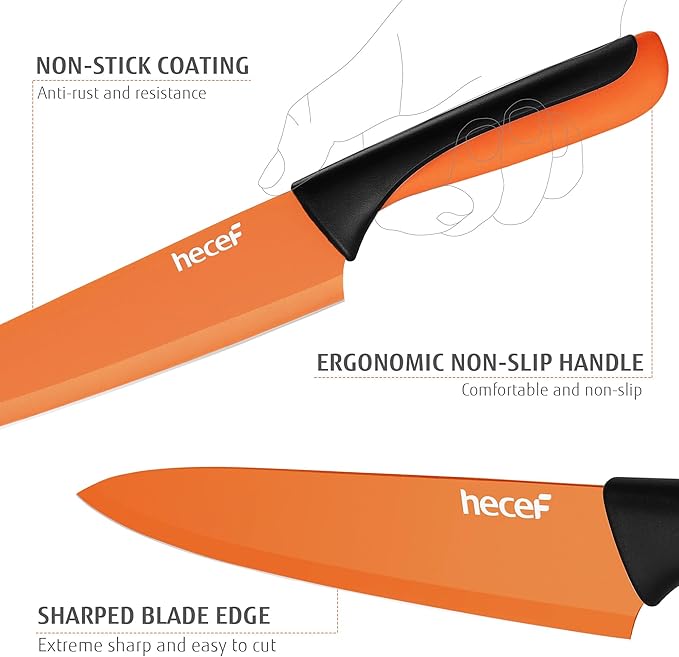hecef 14 Pieces Kitchen Knife Set with Built-in Sharpening Wooden Block, Dishwasher Safe, High Carbon Stainless Steel Knife Block Set with Steak Knives, Kitchen Scissors (Orange)