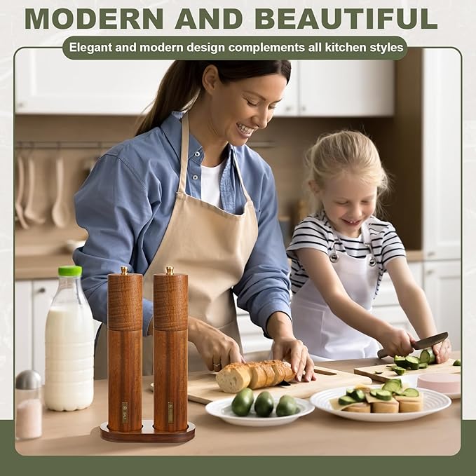 Wooden Salt and Pepper Grinder Set 10 Inch Manual Salt and Pepper Mill with Tray Adjustable Coarseness Refillable Wood Grinders with Gold Bottle Label for Kitchen(Wood Color) - Image 6