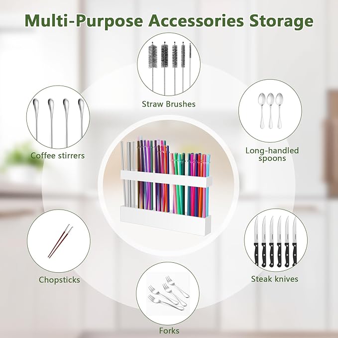 Malldii 9.5" Large Acrylic Straw Holder for Cabinet Door - Reusable Tumbler Straw Organizer Storage, Small Kitchen Accessories Container, Ultra Sticky Cupboard Door Mounted (White) - Image 6