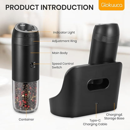 Rechargeable Gravity Electric Salt Grinder Set with Variable Grinding Speed, External Adjustable Coarseness, External Adjustable Coarseness, Charging Base and White LED Light,Black - Image 2
